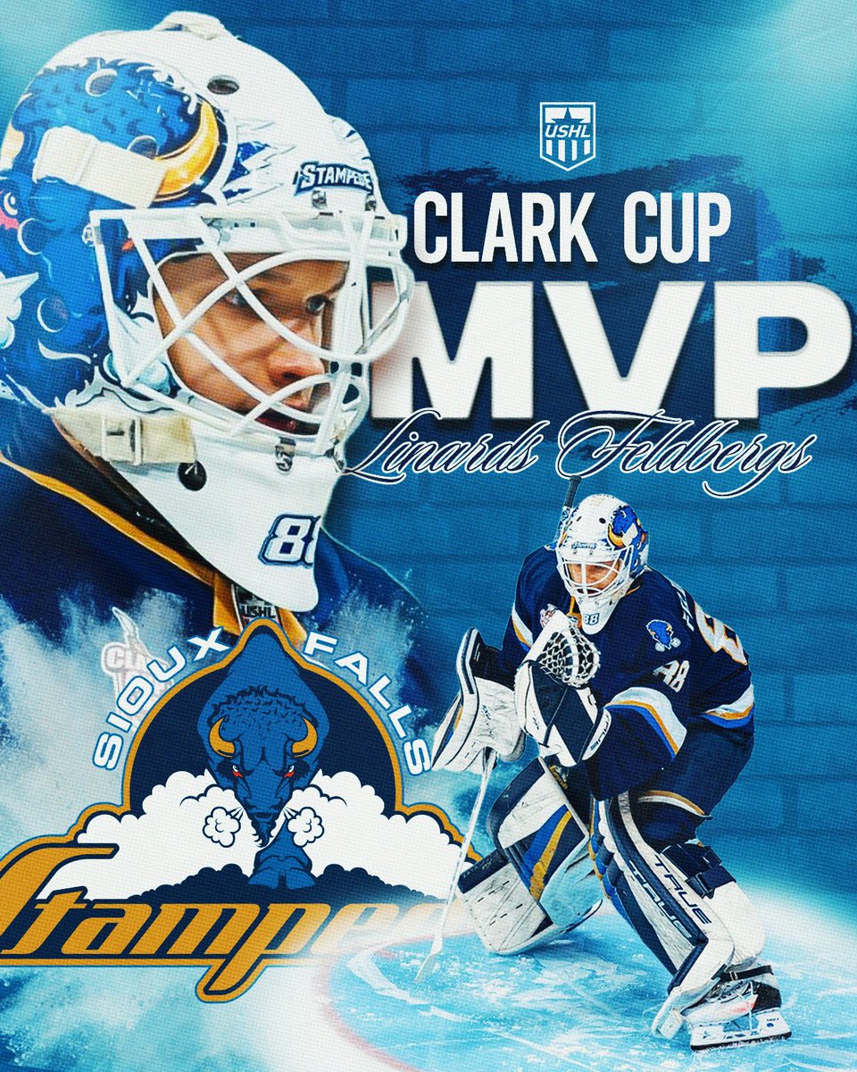 USHL's tweet photo. And the MVP goes to the “Latvian Legend” @sfstampede #ClarkCup https://t.co/l9x4mQhedm