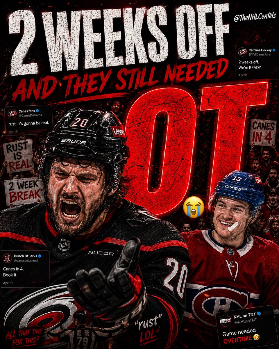 TheNHLCentels's tweet photo. 2 weeks off and they still needed OT to beat the 8th seed 😭

#GoHabsGo #Canes #StanleyCupPlayoffs #NHLPlayoffs #HockeyTikTok https://t.co/VLhurim6ne