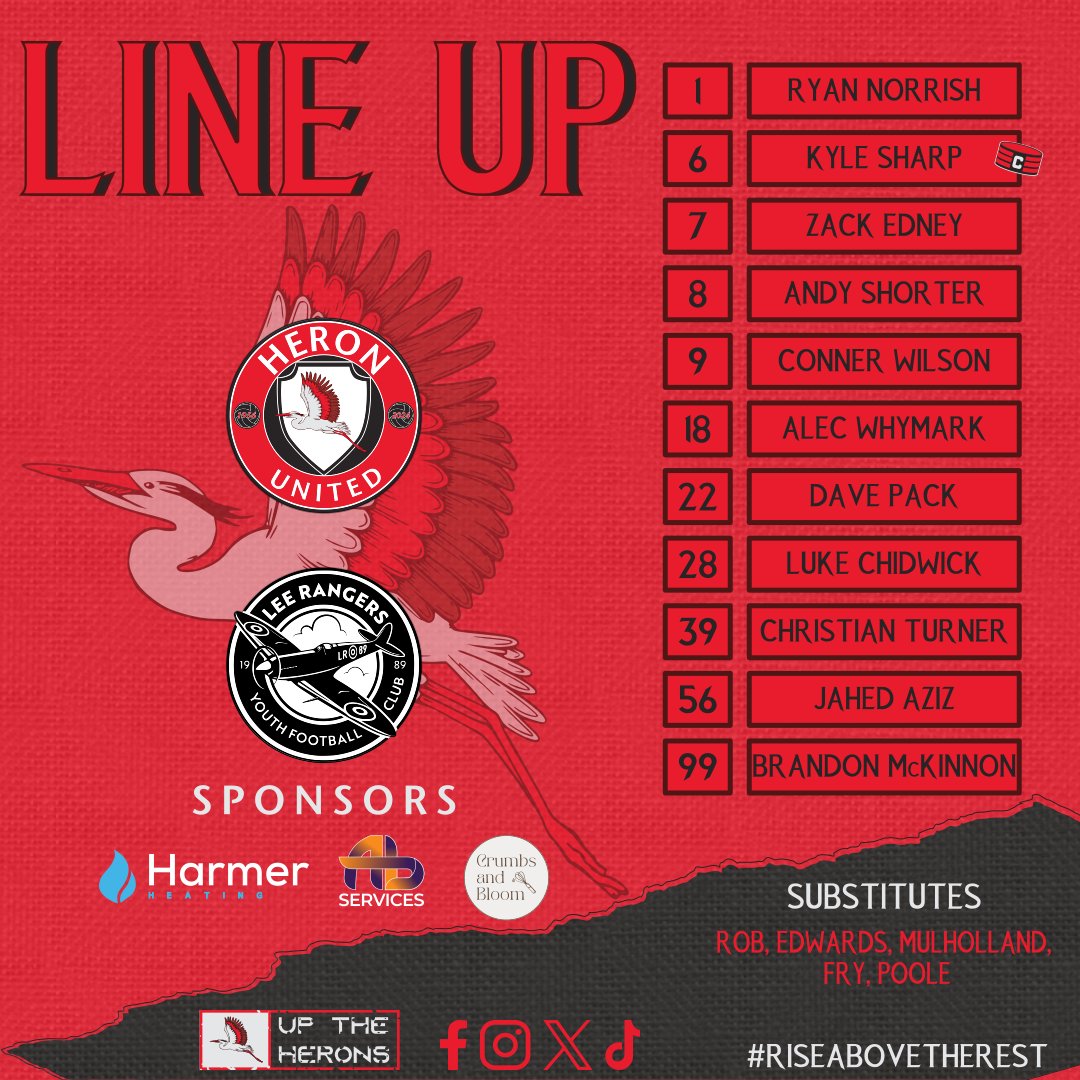 Heronutd's tweet photo. Our Starting XI For Today’s Game.

Final league game of the season for the Herons.

A win today could see Heron United crowned Division 3 champions. One last push together — let’s finish it properly.

🔴⚫⚪
#UTH #RiseAboveTheRest https://t.co/wROeg5WTrP