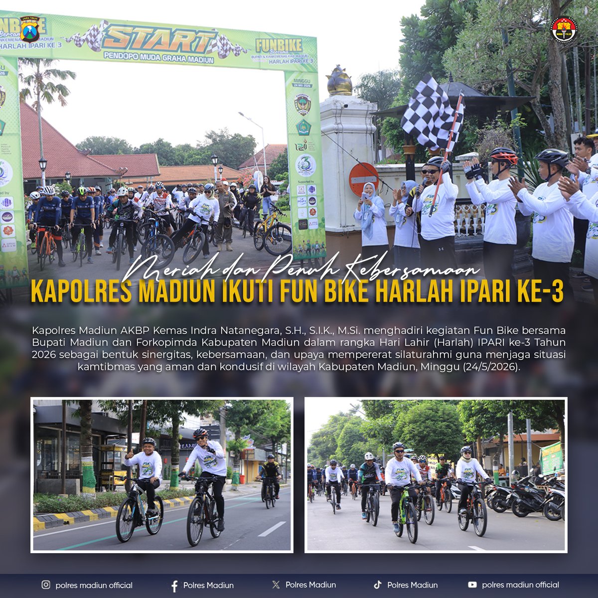 polres_madiun's tweet photo. Semangat kebersamaan dan sinergitas mewarnai kegiatan Fun Bike dalam rangka Hari Lahir (Harlah) IPARI ke-3 Tahun 2026.

#PolresMadiun #KapolresMadiun #FunBike #HarlahIPARI3 #ForkopimdaMadiun #MadiunAman #Sinergitas #PolriUntukMasyarakat https://t.co/XR8MZRTGcB