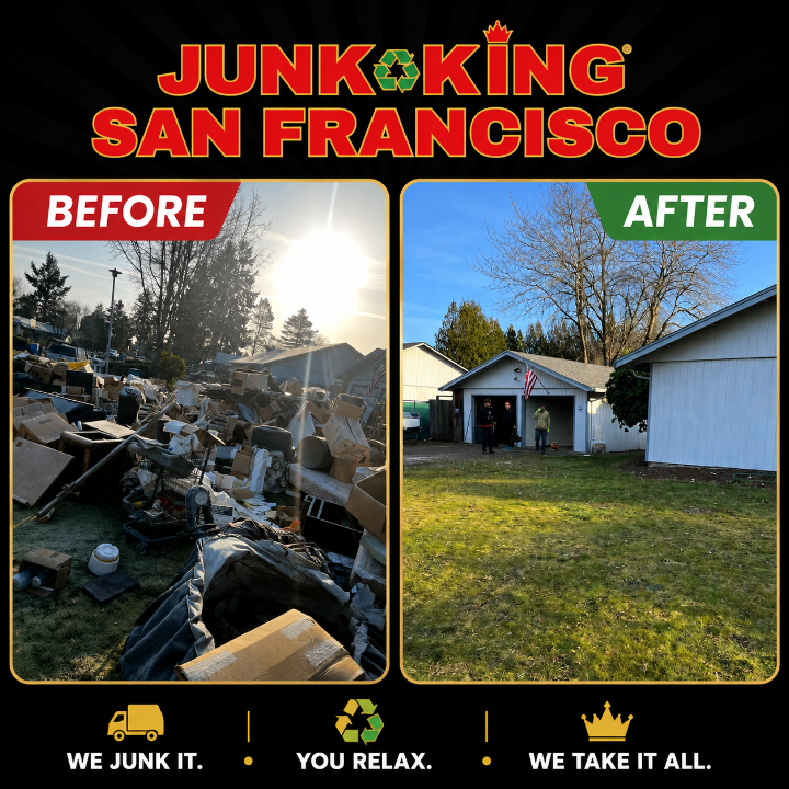 SFJunkKing's tweet photo. 🚛 7 FULL TRUCKS later… what a transformation. 😮♻️

Junk King San Francisco turned this cluttered property into a clean, usable space again — fast. Need junk gone? We do all the heavy lifting. 💪

#JunkKing #SanFrancisco #JunkRemoval #BeforeAndAfter #Cleanout 🚚 https://t.co/1OANdN8s5z