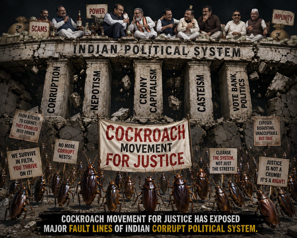 KashmirWatch's tweet photo. Cockroach Movement for Justice has exposed the major fault lines of India’s corrupt political system — corruption, cronyism, caste politics, media manipulation, and abuse of power can no longer stay hidden behind propaganda #Cockroachjantaparty 
#CockroachMovement #Justice https://t.co/VbeswwR2fu
