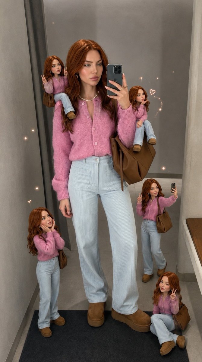 Sairah_0's tweet photo. GPT Image 2 On ChatGPT 

Prompt:

Ultra-detailed fantasy fashion portrait of a stylish red-haired woman taking a mirror selfie in a modern minimal fitting room, wearing a soft fluffy pink cardigan, light blue high-waisted wide-leg jeans, chunky brown platform shoes, pearl necklace, and carrying a large brown leather tote bag. Multiple miniature doll-like versions of the same woman are placed around her shoulders, floor, and sides in cute poses like peace signs and sitting. Warm cinematic lighting, soft sparkles and glowing heart doodles floating around, aesthetic Pinterest fashion vibe, realistic skin texture, glossy wavy ginger hair, cozy luxury atmosphere, highly detailed, dreamy composition, ultra realistic, 35mm photography, shallow depth of field, soft neutral tones, fashion editorial style, Instagram aesthetic.