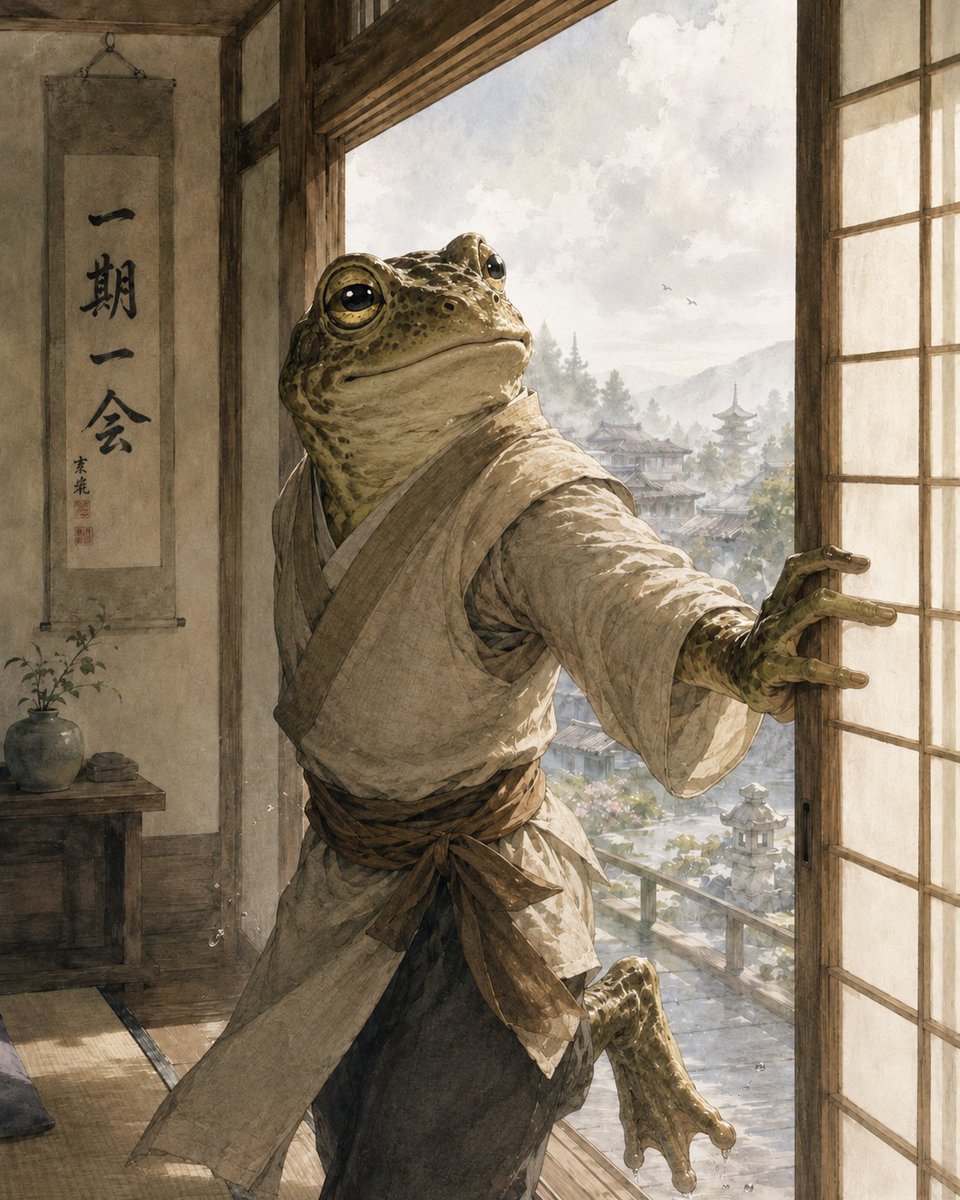 SatoriHopper's tweet photo. The morning waits.
En opens the door—
one foot late,
one heart early.

朝は待っている。
円は戸を開ける。
足は少し遅れて、
心は少し先へ。

#SatoriHopper #ZenFrog #円 https://t.co/whqJGCmjz6