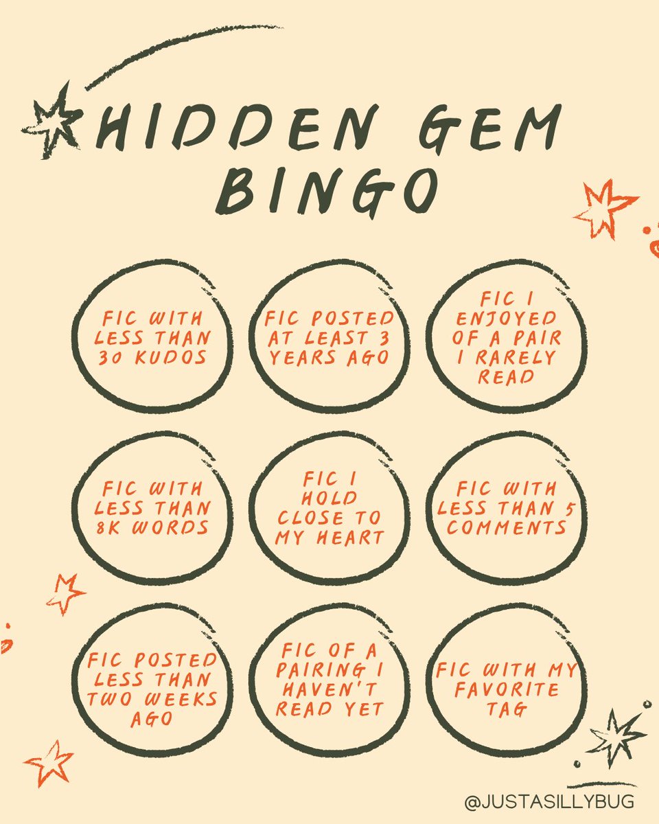 justasillybug's tweet photo. ⋆✴︎˚Bug's hidden gem fic bingo☆ ⊹₊

Let's show some love to all kinds of storiesᯓ★

☆no deadline, just do it when/if you want
☆self-promo is completely welcomed
☆while the main idea is to promote less known fics, you're free to rec whatever fits a category
☆have fun!! https://t.co/AL6QiGEnzo