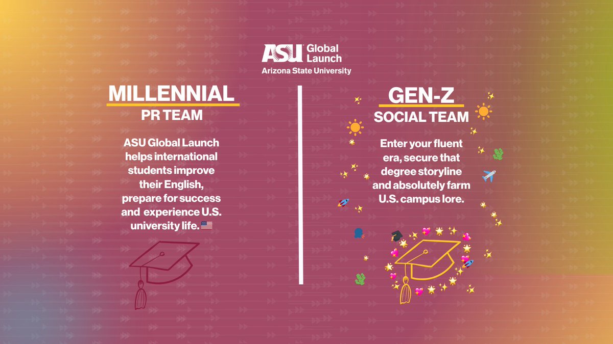 ASUGlobalLaunch's tweet photo. Learn English, meet people from everywhere and unlock your campus life era storyline. 🌎 🎓

#ASUGlobalLaunch #LearnEnglish #CampusLife #StudyInUSA #GlobalStudents #InternationalStudents #CollegeJourney #StudentLife #EnglishLearning #StudyAbroad https://t.co/lZdq0cCo8T