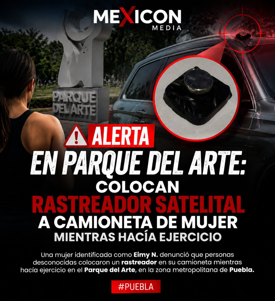 RichieRius's tweet photo. ⚠️ #AlertaCiudadana en #Puebla: mientras hacía ejercicio en el Parque del Arte, Eimy N. denunció que colocaron un rastreador satelital en su camioneta. Expertos alertan sobre este riesgo y recomiendan revisar vehículos y reportar actividades sospechosas. #Seguridad https://t.co/vK0E5M8mRf