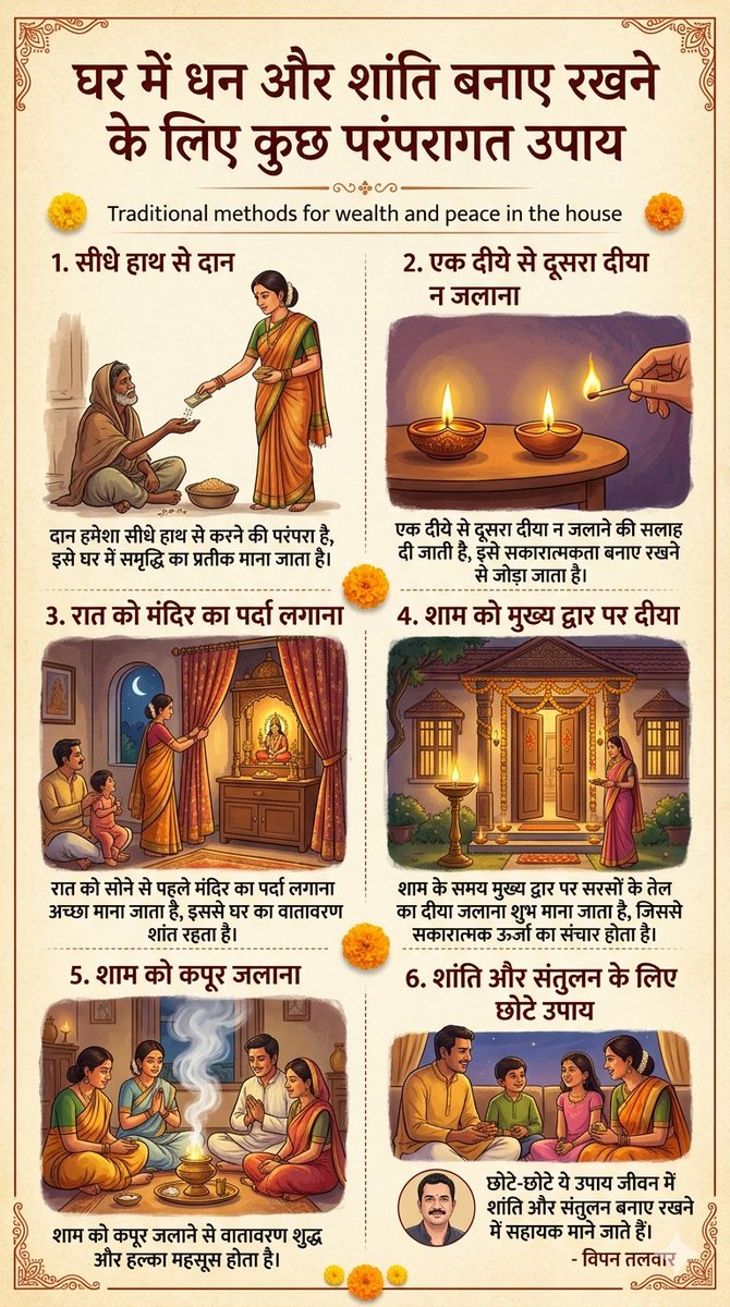 vipintalwar's tweet photo. घर में धन और शांति बनाए रखने के लिए कुछ परंपरागत उपाय:

दान हमेशा सीधे हाथ से करने की परंपरा है, इसे घर में समृद्धि का प्रतीक माना जाता है।

एक दीये से दूसरा दीया न जलाने की सलाह दी जाती है, इसे सकारात्मकता बनाए रखने से जोड़ा जाता है।

रात को सोने से पहले मंदिर का पर्दा लगाना अच्छा माना जाता है, इससे घर का वातावरण शांत रहता है।

शाम के समय मुख्य द्वार पर सरसों के तेल का दीया जलाना शुभ माना जाता है, जिससे सकारात्मक ऊर्जा का संचार होता है।

शाम को कपूर जलाने से वातावरण शुद्ध और हल्का महसूस होता है।

छोटे-छोटे ये उपाय जीवन में शांति और संतुलन बनाए रखने में सहायक माने जाते हैं।