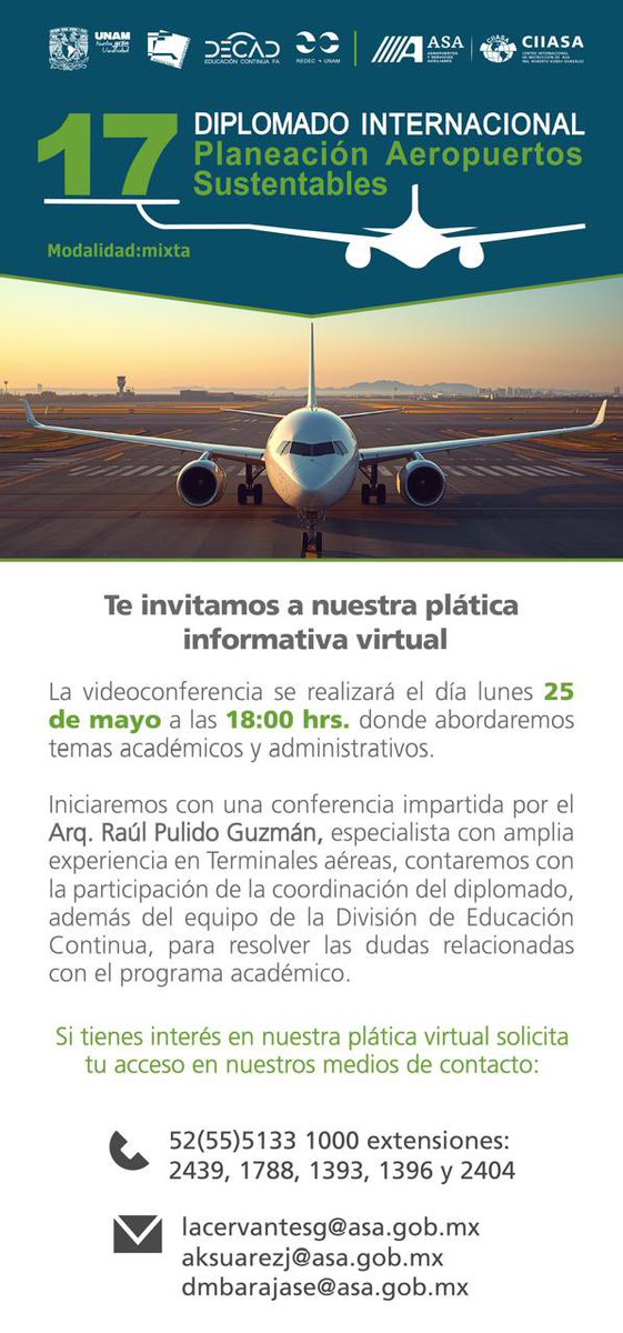 ASAMexico_mx's tweet photo. Este 25 de mayo conéctate a la plática informativa del 17° Diplomado Internacional Planeación #Aeropuertos Sustentables en el #CIIASA en punto de las 18:00 horas (CDMX)

Únete a la reunión de Zoom
https://t.co/4gCYPtxEDa?…

ID de reunión: 859 2693 2272
Código de acceso: 814275 https://t.co/xM1UYKoRmF