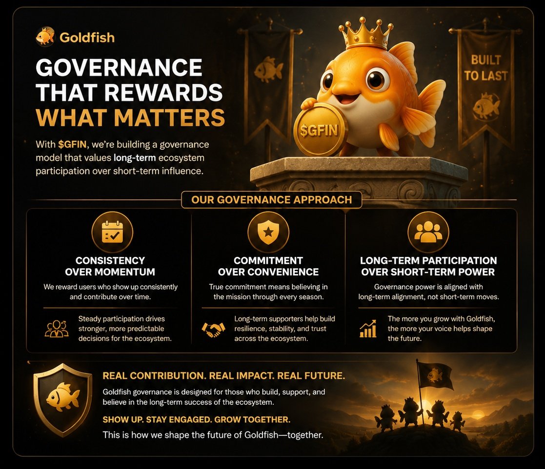Schester198's tweet photo. Goldfish governance with $GFIN is built to reward consistency, commitment, and long-term ecosystem participation not short-term influence. 

The focus is on empowering contributors who stay engaged and help create sustainable value over time. @goldfishggbr https://t.co/UwwL0DovHj