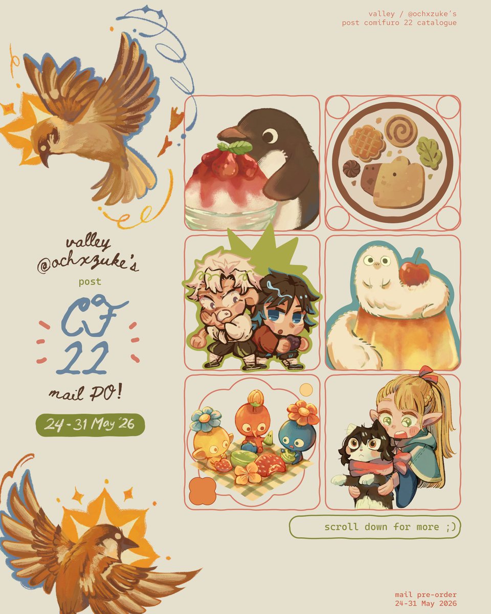 ochxzuke's tweet photo. [ RTs are appreciated! ]

✦ valley’s post #cf22 mail pre-order ✦

🐠 24-31 may ‘26
📦 shipment begins after merchs have been restocked (manual shipping via jne reg only)

🐟 originals, kny / demon slayer, wha / witch hat atelier, dunmeshi / dungeon meshi, pikmin

more details👇🏻 https://t.co/PRqStwcpUl