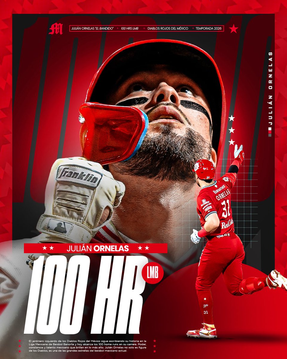 DiablosRojosMX's tweet photo. Noche histórica en el puerto. 🔥
@julianornelas34 llegó a sus primeros 100 HRs en la @LMBBanorte . 💣👹 https://t.co/1wjPG6bGEb