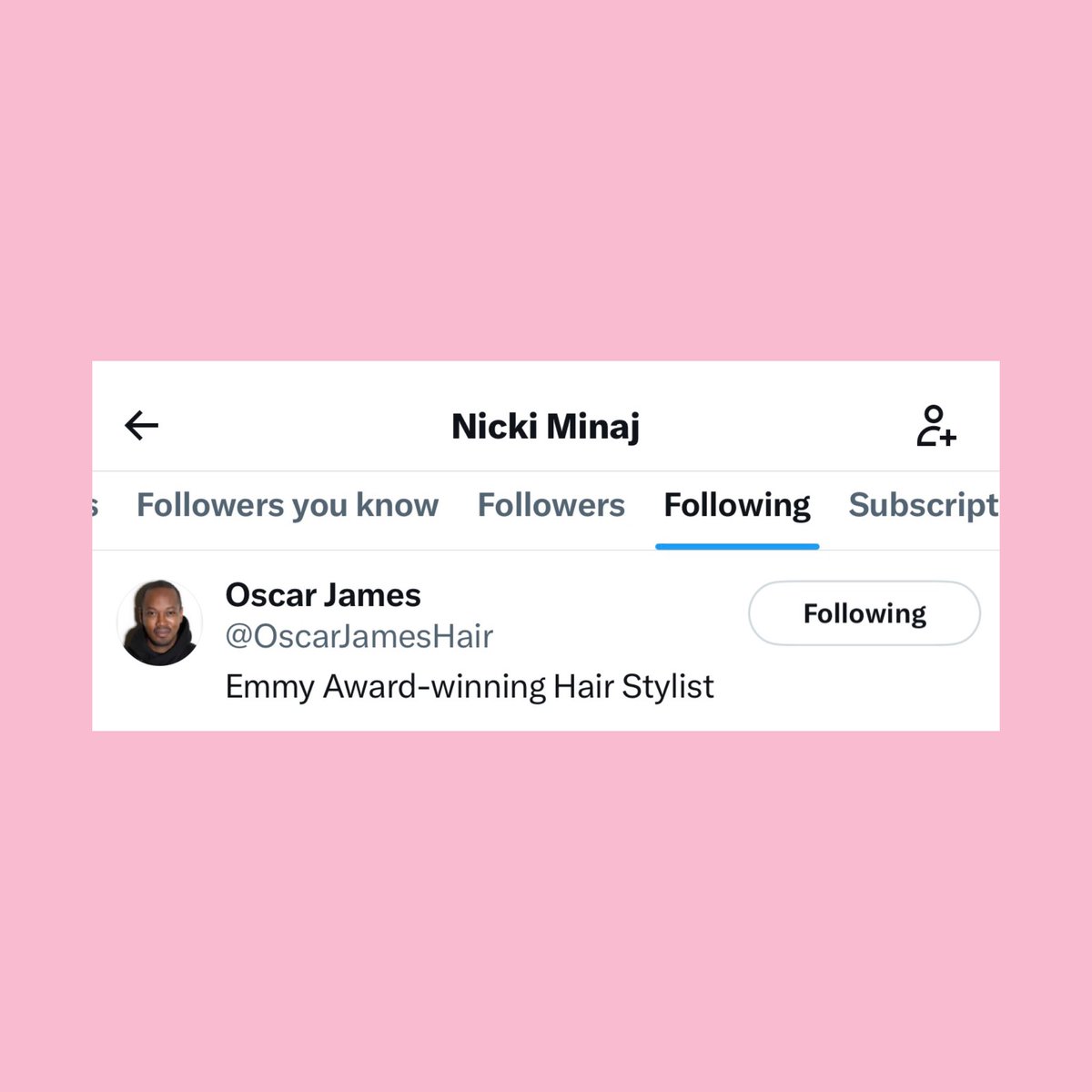 nmcaviar's tweet photo. Nicki Minaj has followed hairstylist Oscar James on Twitter. They previously worked together around "The Pinkprint" era. https://t.co/1987BcS0av