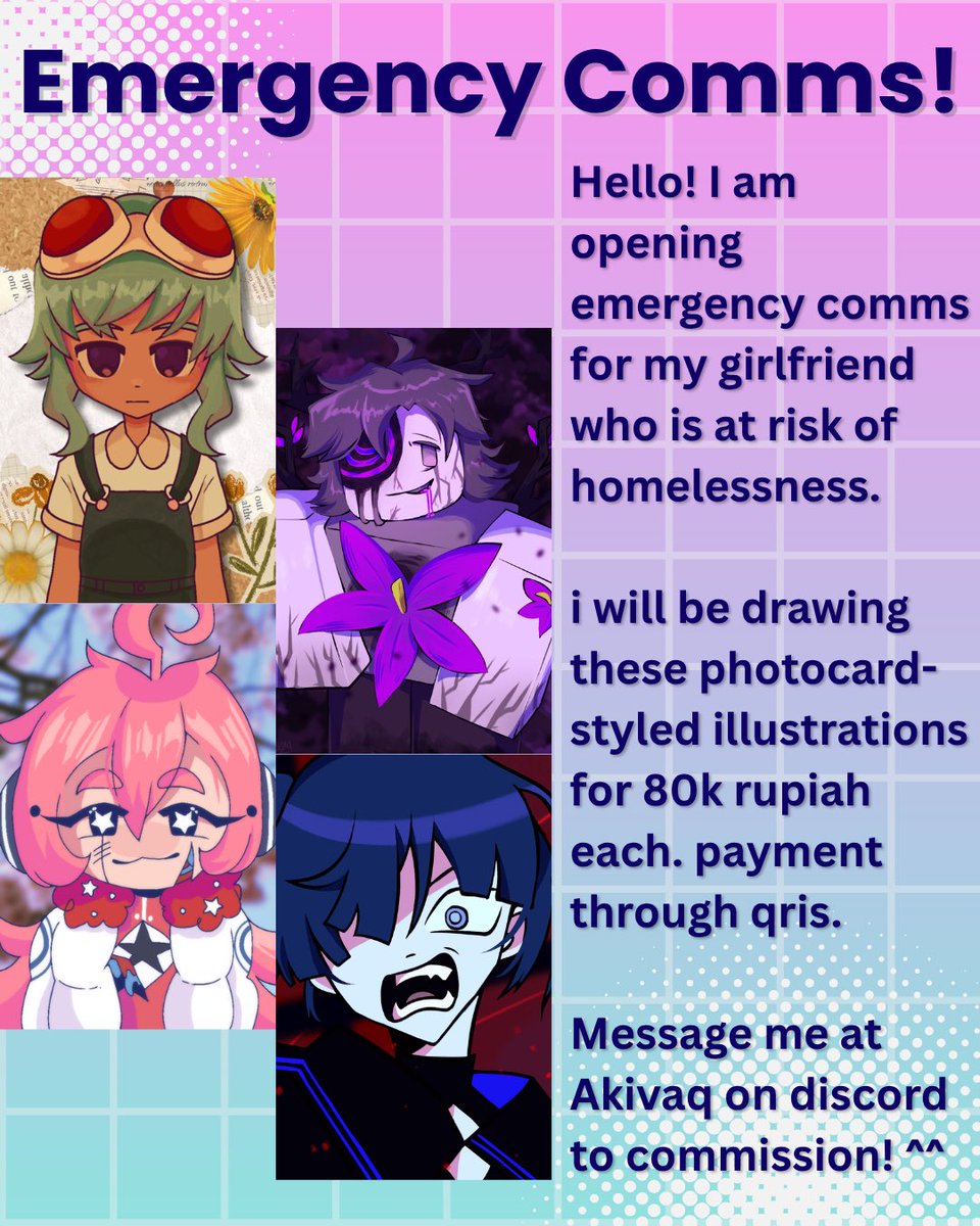 Acrohnid's tweet photo. EMERGENCY COMMS

[Likes and Shares are appreciated]
I am doing these commissions to help my partner. I’d appreciate if you commission or at-least boost my post. Thank you so much 

IDR/USD OK https://t.co/b73sOWzdL9