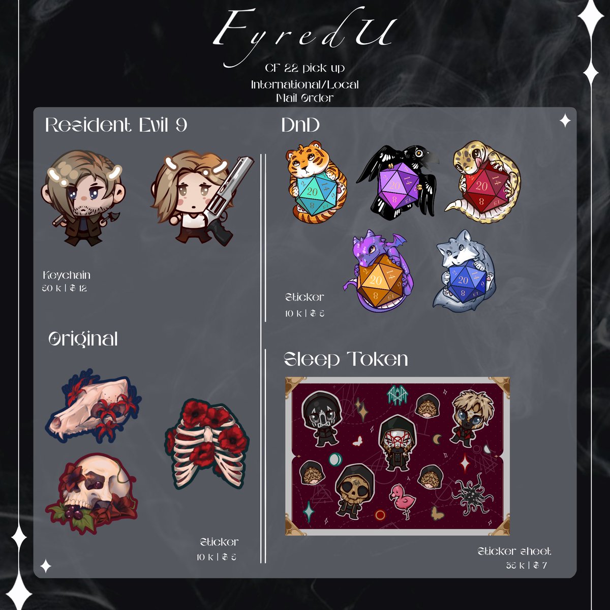 FyredU's tweet photo. ❤&amp;🔁are appreciated!  
⟡ Jay's #CF22 Aftersale Catalogue ⟡ 
💌Local &amp; International Mail Order  
PTN, MLP, RE9, KPDH,DND,Sleep Token,Original,... 
🔗https://t.co/0c3BXuMFBe 

(1/3) 

#comifuro22 #CF22catalogue #cf22aftersale https://t.co/3NSpifv4mk