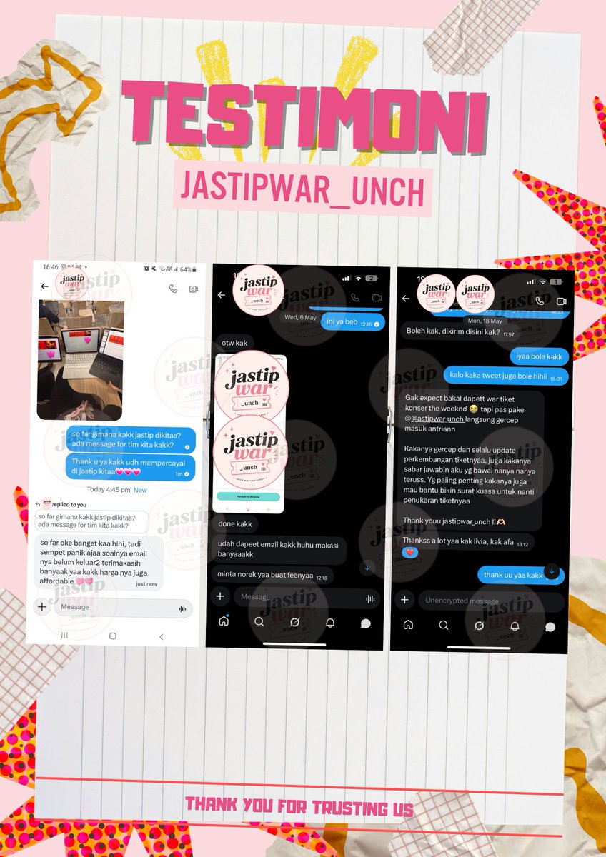 jastipwar_unch's tweet photo. 🎟️ OPEN JASWAR 🎟️
Avail for:
💥 BTS
💥 iKON &amp; MORE! 

✅ Trusted
💸 Affordable
❌ NO DP

Testimoni (Proof) 😍
Sweet massages from our cust = biggest happiness ever 
Thank you udah percaya sama @jastipwar_unch buat nemenin war tiket kalian  

DM us for TnC &amp; pricelist 💌 https://t.co/6vFekhkuIZ