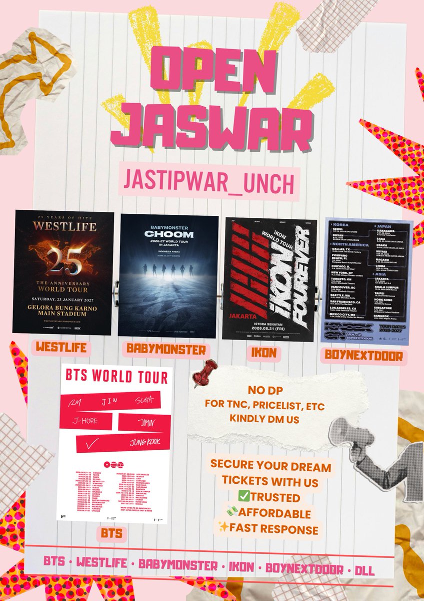 jastipwar_unch's tweet photo. 🎟️ OPEN JASWAR 🎟️
Avail for:
💥 BTS
💥 iKON &amp; MORE! 

✅ Trusted
💸 Affordable
❌ NO DP

Testimoni (Proof) 😍
Sweet massages from our cust = biggest happiness ever 
Thank you udah percaya sama @jastipwar_unch buat nemenin war tiket kalian  

DM us for TnC &amp; pricelist 💌 https://t.co/6vFekhkuIZ