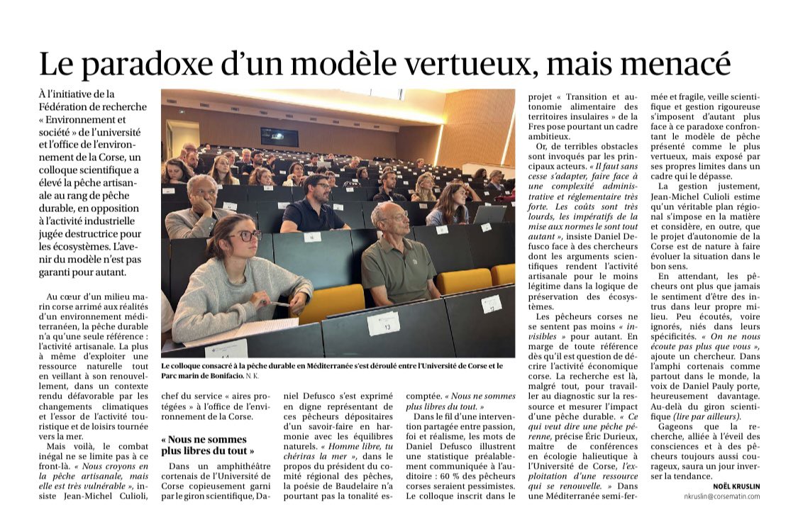 univFRES's tweet photo. #Recherche Article à retrouver dans le Corse-Matin du 24 mai 2026. Les journées se poursuivent aujourd’hui, dans la réserve des Bouches de Bonifacio. Colloque sur les enjeux de la pêche durable dans le cadre du projet TAATI porté par @univFRES. Merci @Corse_Matin @CNRS_dr12 https://t.co/jclC3KwBXv