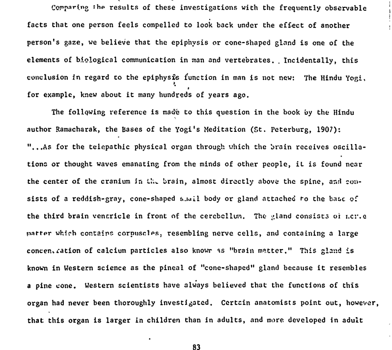 deModenaLeon's tweet photo. Kazhinskiy connects his "bio-radiation" and "ray of vision" ideas to ancient yogic knowledge, specifically citing the pineal gland.

"Comparing the results of these investigations with the frequently observable facts that one person feels compelled to look back under the effect of another person's gaze, we believe that the epiphysis or cone-shaped gland is one of the elements of biological communication in man and vertebrates. Incidentally, this conclusion in regard to the epiphysis function in man is not new: The Hindu Yogi, for example, knew about it many hundreds of years ago."

Kazhinskiy in 1962 discusses the topic of Sheldrake 2003 book The Sense of Being Stared At 
https://t.co/uGYuc76QIT