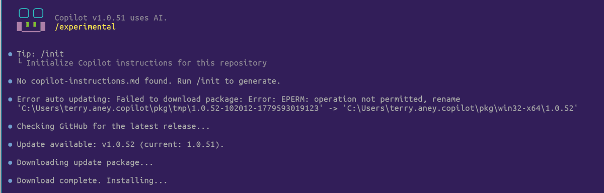 terryaney's tweet photo. @_Evan_Boyle @Ryan_Hecht @awakecoding @burkeholland Thanks for this.  Will test, but fyi on 'auto update'.  After it failed, I ran /update and it worked. https://t.co/exMZgda7mH