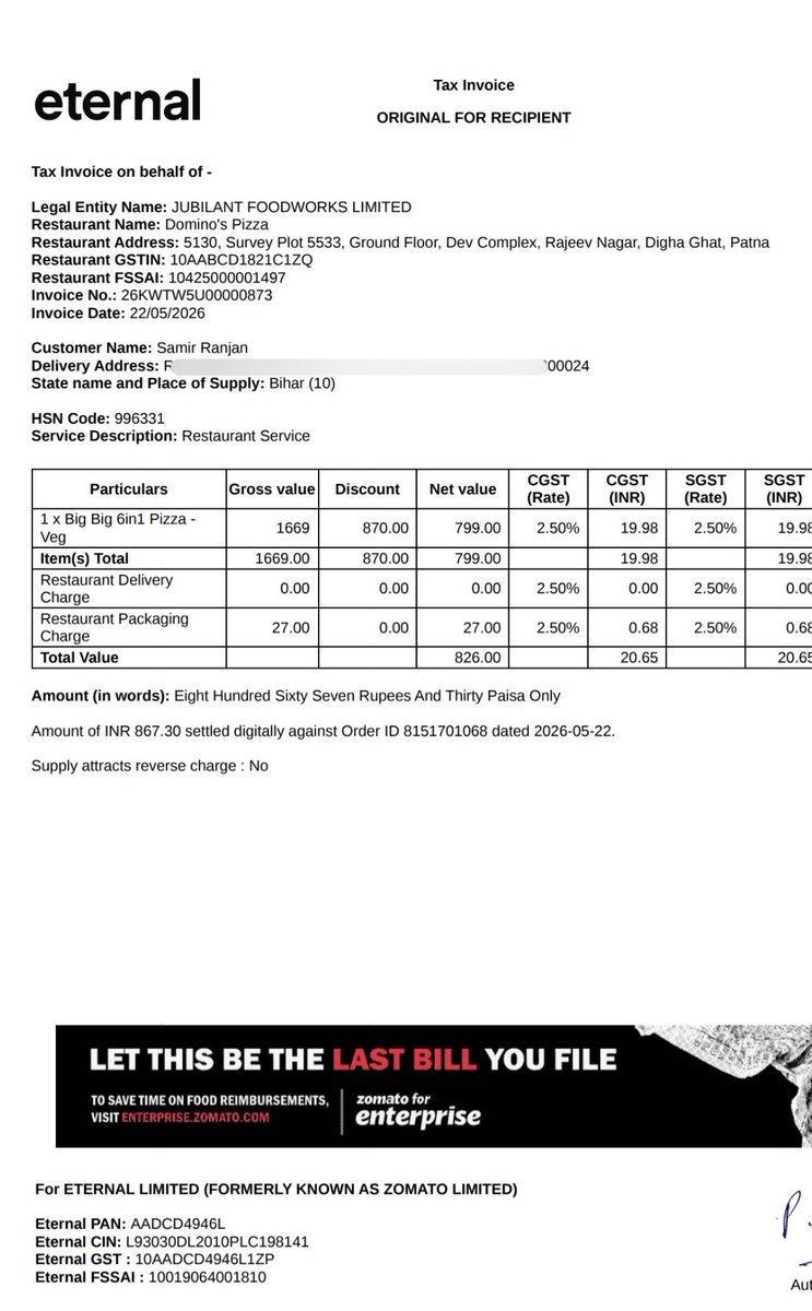 lordsamir26's tweet photo. @CareDominos @CareDominos  The address of the restaurant is not listed in this form you are providing. The address is ,  5130, Survey Plot 5533, Ground Floor, Dev Complex, Rajeev Nagar, Digha Ghat, Patna.
Here is the receipt https://t.co/u8a5yfUNxE