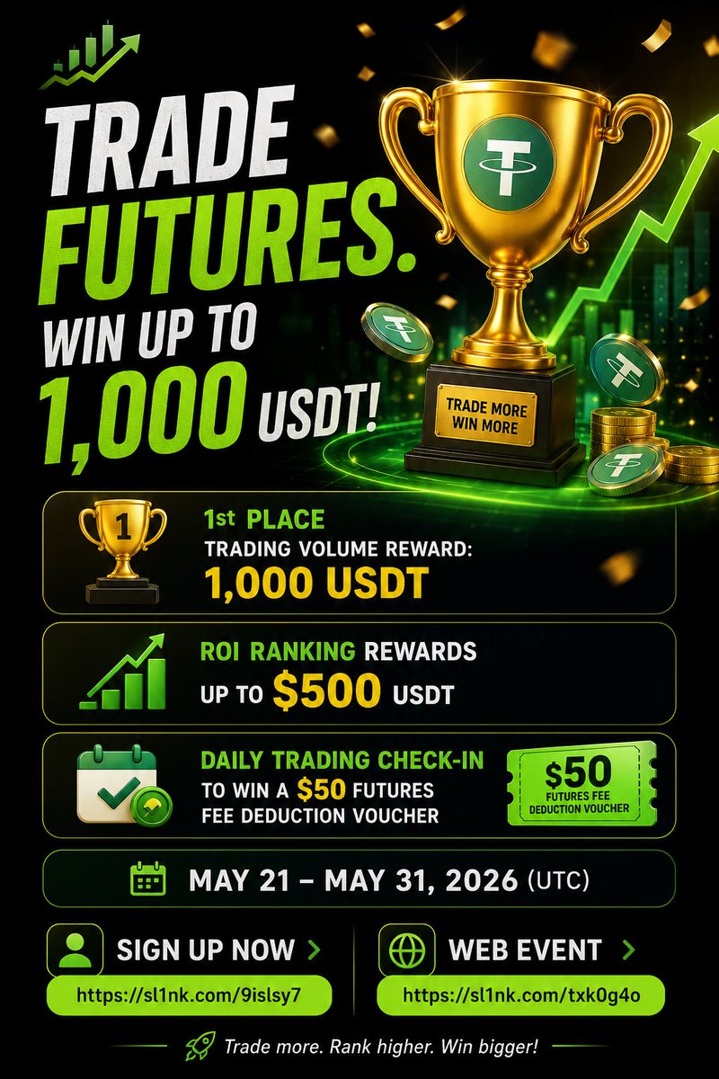 digitechsahil's tweet photo. 🏆 Trade Futures. Win up to 1,000 USDT!

🔥 1st Place Trading Volume Reward: 1,000 USDT
📈 ROI Ranking Rewards up to $500 USDT
✅ Daily Trading Check-in to win $50 Futures Fee Deduction Voucher
📅 May 21 – May 31, 2026 (UTC)

Links Below ⤵️⤵️ https://t.co/GqhRuVMjeW