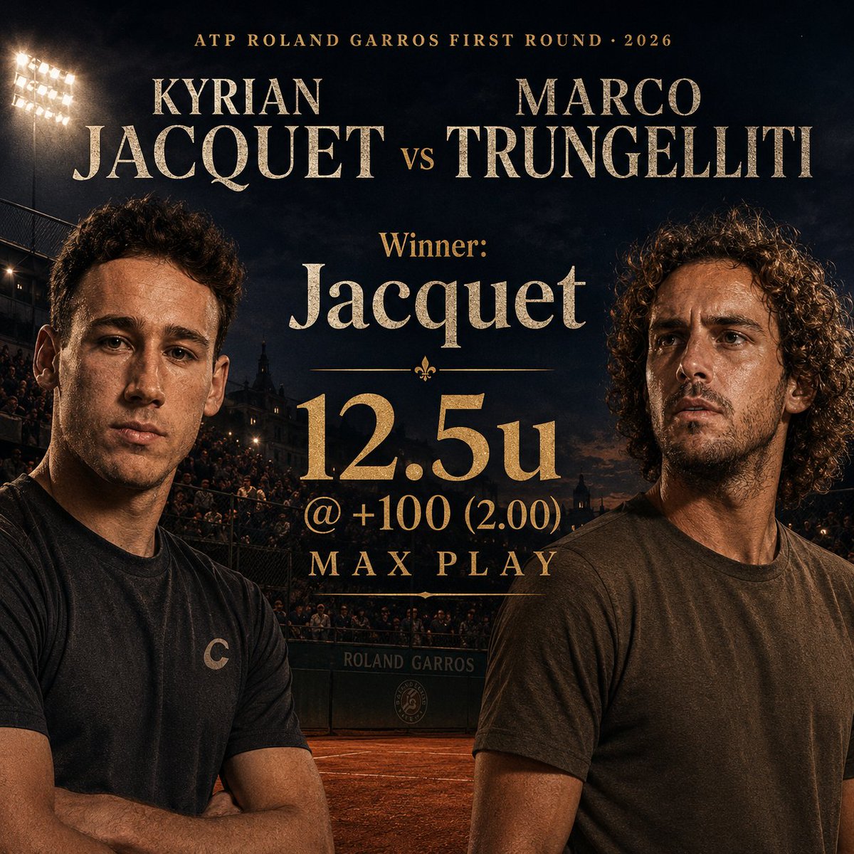 Money_On_Tennis's tweet photo. ATP Roland Garros First Round 2026

Kyrian Jacquet VS Marco Trungelliti 

🎯 Kyrian Jacquet ML
Stake 12.5u @ +100 (2.00) MAX PLAY

Show me that ❤️‍🔥 before placing the bet boys https://t.co/TxMQazqBVF