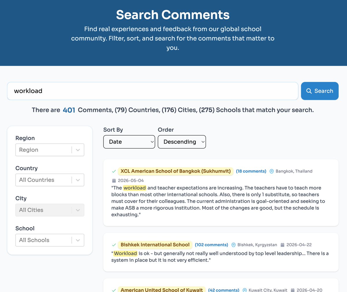 IS_Community's tweet photo. KEYWORD SEARCH HIGHLIGHT on ISC:

Using the unique ISC comment search feature, we found 401 comments that include the keyword "workload".

These 401 comments refer to 275 international schools in 79 countries.

Check out all 401 comments here -

https://t.co/mJqmq7KNMN https://t.co/heZWtuYSkg