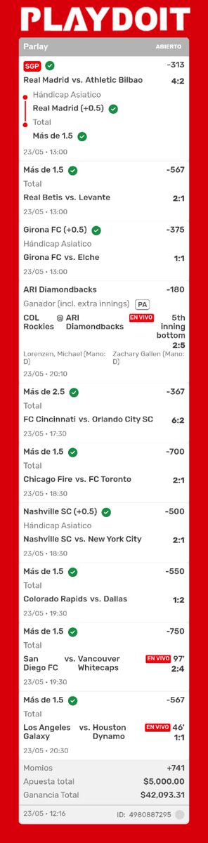 FoxParlay's tweet photo. ¿ Lo dejan o lo cierran ?  👀👀👀

5k para 42k, ya sólo queda Arizona ML y van ganando 5-2 https://t.co/HCZFcugKvX