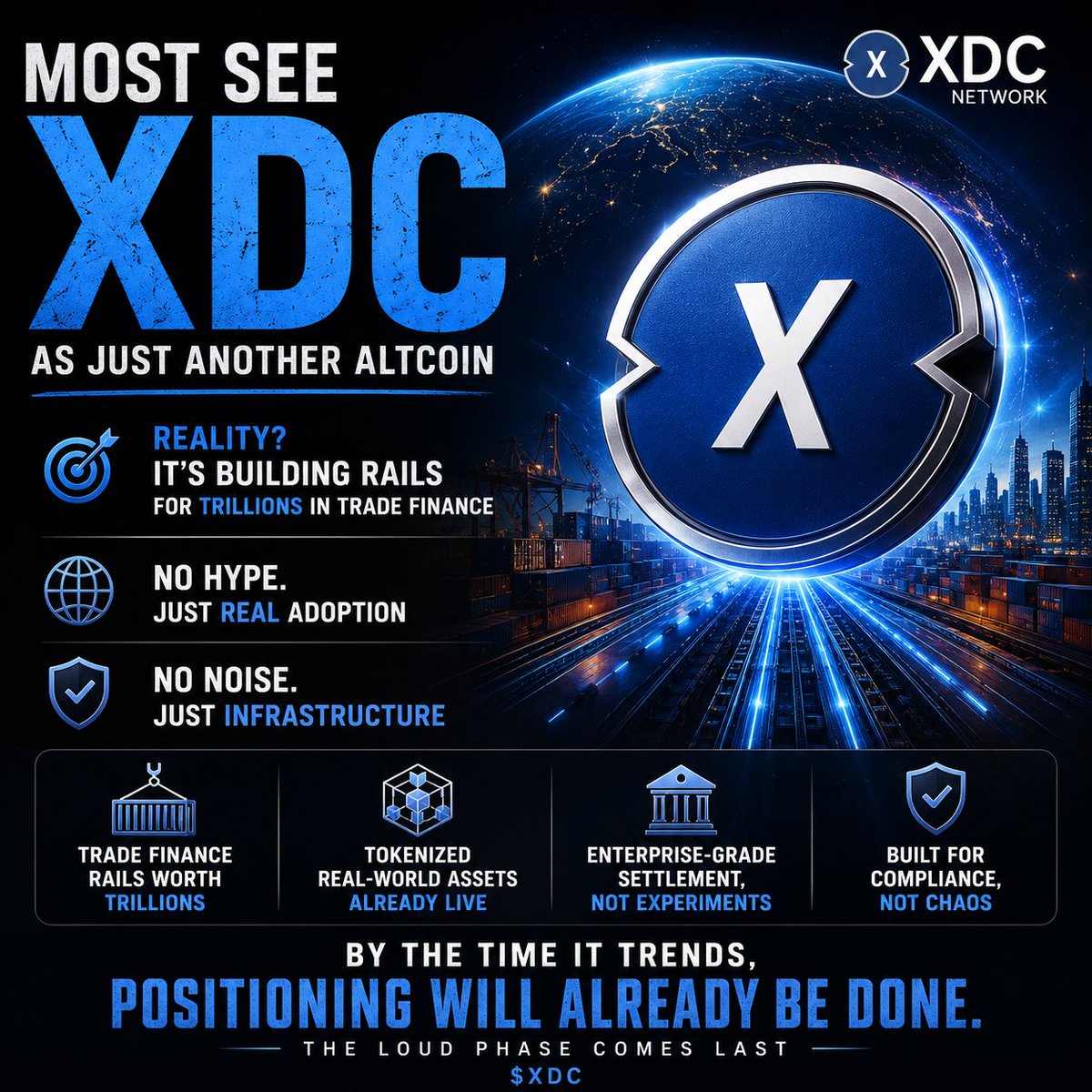 The_John_Crypto's tweet photo. Most see $XDC as just another altcoin

Reality?
It’s building rails for trillions in trade finance

No hype. Just real adoption
No noise. Just infrastructure

By the time it trends… it’s already priced in

@XDCNetwork #XDC #RWA #crypto #TRADEFI #TomLee #SpiritualSunday #Claude https://t.co/tkJh8H8Jjf