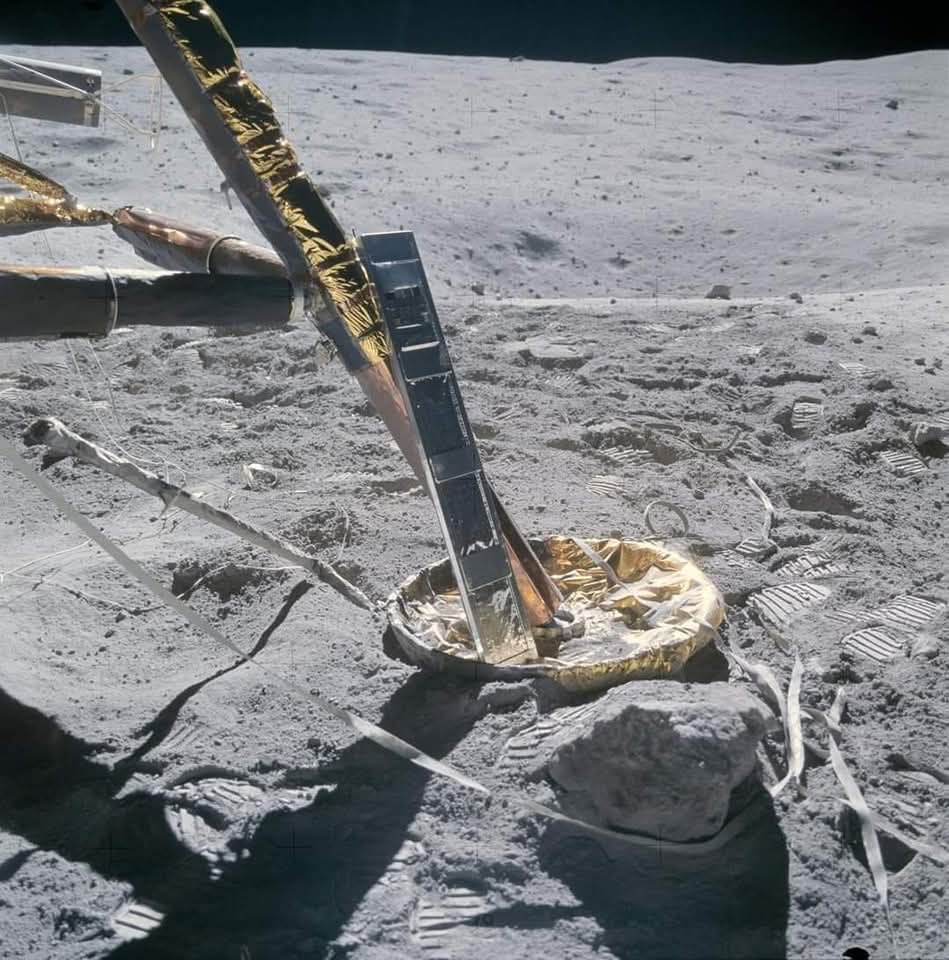 konstructivizm's tweet photo. On April 22, 1972, during the Apollo 16 mission, astronauts John Young and Charles Duke repositioned the Cosmic Ray Detector (CRD) by moving it to the +Y strut of the Lunar Module Orion. This clever adjustment shielded the sensitive instrument from the blistering heat of the intense lunar sunlight, ensuring it could continue gathering valuable data.The photograph also captures stunning evidence of the mission’s remarkably precise and gentle touchdown: the folded contact probe tucked neatly beneath the lander and the near-total absence of skid marks, testament to a buttery-smooth landing on the powdery regolith.While Young and Duke ventured out to explore the rugged, ancient Descartes Highlands on the Moon’s surface, Ken Mattingly remained in lunar orbit aboard the Command Module Casper, conducting observations and managing orbital experiments.Apollo 16 placed a strong emphasis on geological exploration and cutting-edge scientific investigations. The mission dramatically advanced our knowledge of the Moon’s highland regions, revealing insights into the violent impacts, ancient processes, and cosmic history that shaped the lunar surface billions of years ago.
Image Credit: NASA