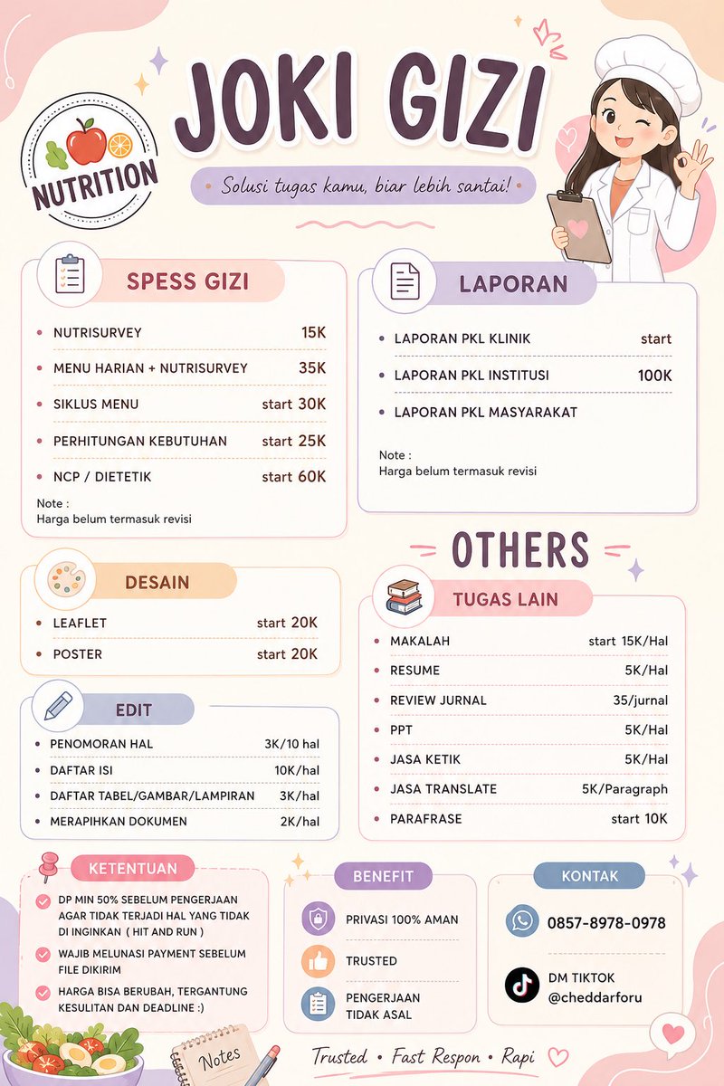 adelaidbae's tweet photo. halo gusyyy aku open joki gizi NCP/PAGT, Menu sehari, Dietetik, dll bisa ya yuk yang males ngerjain tapi udah mepet deadline bisa DM/WA yahh🫶🏻🫶🏻🫶🏻
#zonauang #jokigizi #gizi #jokitugas #gizi #jokitulis #mahasiswa https://t.co/30za8KcNEl