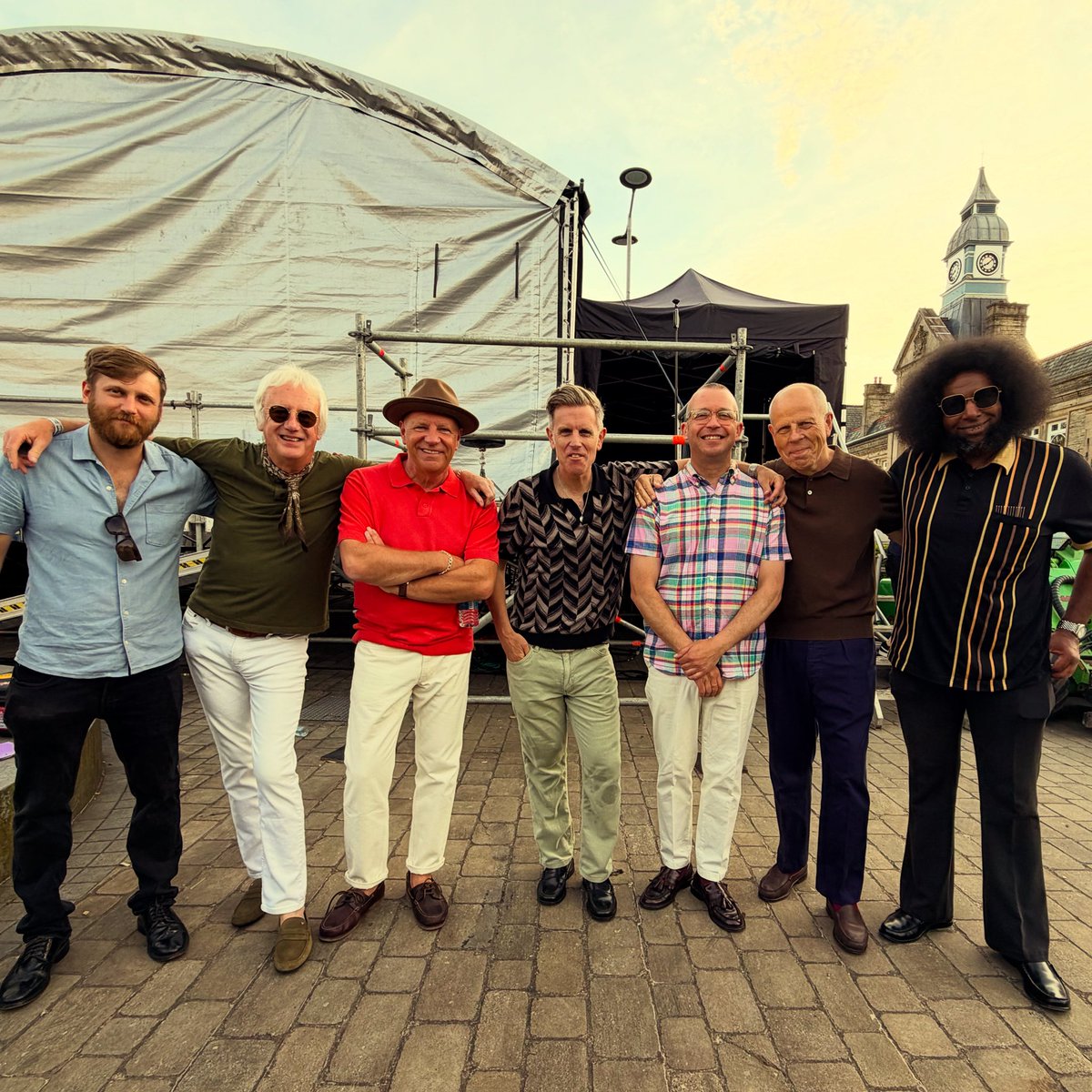 stonefoundation's tweet photo. @stonefoundation back together yesterday @darwenlive big love to everyone for dancing &amp; singing in the sunshine with us. 
We reconvene to support @realsirtomjones end of July then tour in spain, Germany &amp; the UK later in the year. Tickets &amp; info at https://t.co/zhSQiwdTum https://t.co/4o9kOVz6na