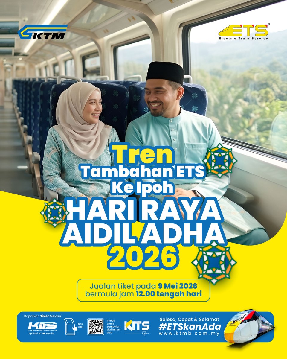 ktm_berhad's tweet photo. ETS ada tambah 𝘵𝘳𝘪𝘱 untuk #ETSFam yang nak balik kampung atau bercuti ke Ipoh!
Jangan beli 𝘭𝘢𝘴𝘵 minit, nanti habis tiket. Beli tiket sekarang di:
📱 Aplikasi KTMB Mobile
📱 Aplikasi KITS Style
🌐 Laman web KTMB (https://t.co/mysvKxA6gK)
#KTMB #ETS #ETSkanAda https://t.co/iwS7ELjYwz
