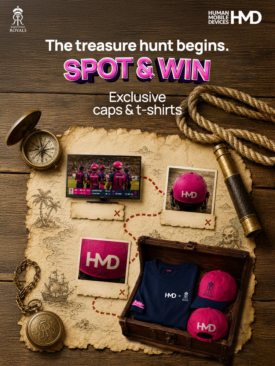 HMDdevicesIN's tweet photo. The treasure hunt begins. 👀🗺️

Tune into the Rajasthan Royals match and keep your eyes peeled for hidden HMD logos on screen. Spot them during the game and you could win exclusive HMD × RR caps and t-shirts.

Here’s how to enter:
🔍 Spot the HMD logo during the match
💬 Comment what you saw using #HMDSpotAndWin

🎁 Stand a chance to win exclusive merch

But remember the hunt is live only during the match, so stay sharp and don’t miss the clues.

For more details, check the link: https://t.co/jySRJrivrn

#HMDRoyalVibe #HMD #HMDIndia #Contestalert 

(HMD smartphones, HMD India, official smartphone partner Rajasthan Royals, HMD x RR merchandise giveaway, IPL fan contest, cricket fan engagement, stadium vibes, Season of Collabs, Issa Vibe)