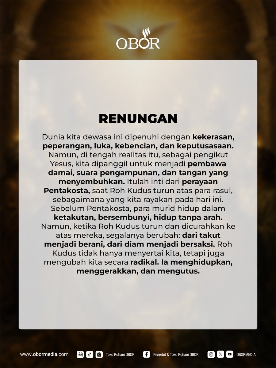 obormedia's tweet photo. Hari Raya Pentakosta - 24 Mei 2026

📖 Renungan Harian Katolik dari buku ZIARAH BATIN

🛒 Tersedia di:
https://t.co/7YLr00egbu
🌐 https://t.co/4rzvve8H65
📱 Tokopedia, TikTok Shop &amp; Shopee: Toko Rohani OBOR https://t.co/bVmVQ3Xl09