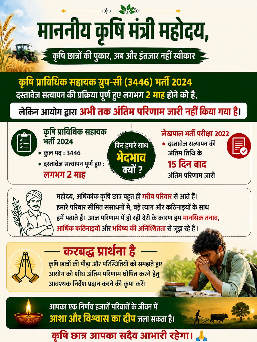 Alexp0083's tweet photo. माननीय अध्यक्ष महोदय,
UPSSSC, लखनऊ, 
कृषि प्राविधिक सहायक ग्रुप सी भर्ती का अंतिम परिणाम शीघ्र जारी करने की कृपा करें, कृषि छात्र आपका सदैव आभारी रहेगा।🙏🙏🙏
@IasHarikesh @CMOfficeUP @ChiefSecyUP @UPGovt @spshahibjp1
#Upsssc_Release_AGTA3446_Final_Result https://t.co/PTt9PRWmvC