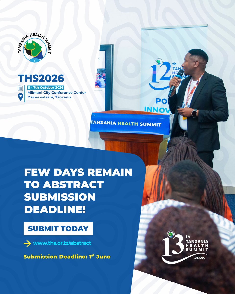 TzHealthSummit's tweet photo. 𝐃𝐎𝐍'𝐓 𝐋𝐎𝐒𝐄 𝐀 𝐂𝐇𝐀𝐍𝐂𝐄 𝐓𝐎 𝐒𝐇𝐀𝐑𝐄 𝐘𝐎𝐔𝐑 𝐑𝐄𝐒𝐄𝐀𝐑𝐂𝐇 𝐅𝐈𝐍𝐃𝐈𝐍𝐆𝐒 𝐖𝐈𝐓𝐇 𝐓𝐇𝐄 𝐖𝐎𝐑𝐋𝐃, 𝐅𝐄𝐖 𝐃𝐀𝐘𝐒 𝐑𝐄𝐌𝐀𝐈𝐍.

Under the theme "Building Health Sovereignty and Strengthening Health Systems in a Changing Global Order" the Summit provides a platform to showcase research, innovative solutions, and practical experiences shaping the future of health in Tanzania and across the region. 

Submit your abstract via https://t.co/LMJ1Pbztuv and be part of the conversations driving stronger health systems. 

#THS2026
#Policy
#Innovation
#Research