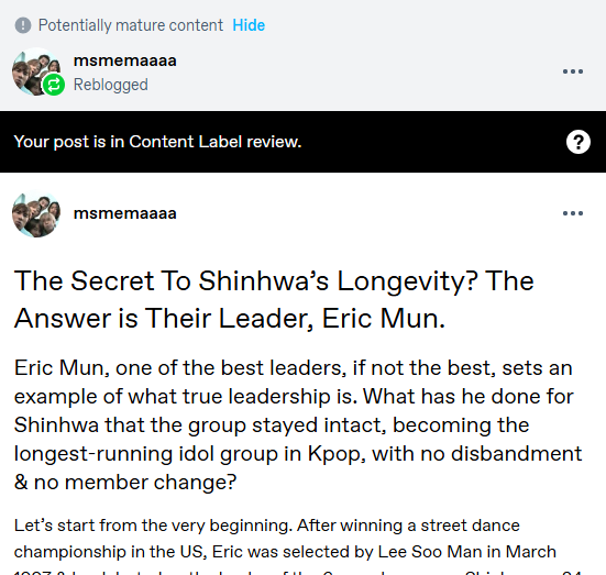 MsMemaaaa's tweet photo. I just found out that #Tumblr flagged my famous post about leader Eric as a mature content!! like seriously?!!!! and even my request for reviewing the post has no response so far, 2 days went by .. ironic .. 
what's ur definition for mature content, #Tumblr?!! https://t.co/rm18nTi16c