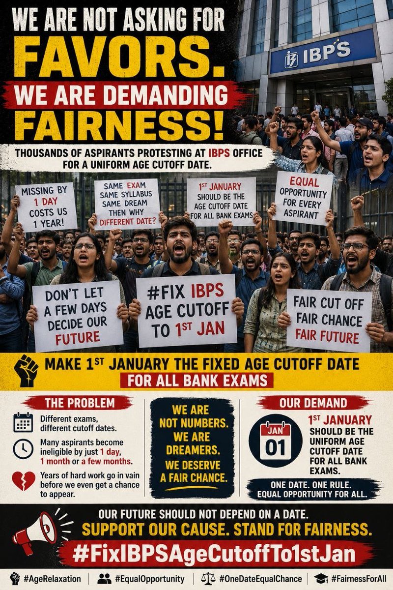 att13dev's tweet photo. Candidates born in the same year should not face different eligibility outcomes because of varying cutoff dates. Fix the cutoff to 1st January for all IBPS exams. @PMOIndia @IBPS_official @aajtak
@ZeeNews @ABPNews @1stIndiaNews @News18India
#AgeRelaxation
#EqualOpportunity https://t.co/EOEUb4gpQV
