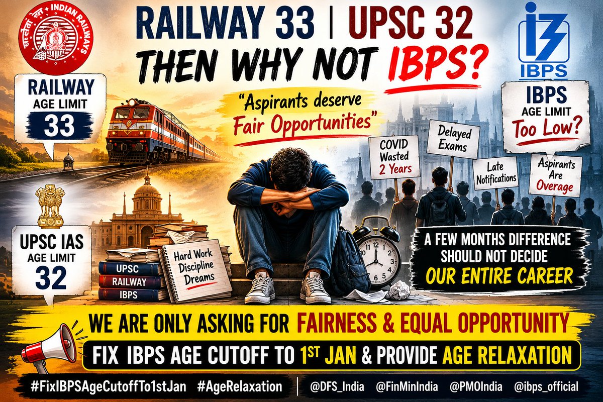 hushb_k's tweet photo. IBPS must step up and grant age relaxation. Equal opportunity across all major exams is our fundamental right. Stop wasting our hard work!
​#FixIBPSAgeCutoffTo1stJan #AgeRelaxation
@DFS_India @FinMinIndia @PMOIndia @ibps_official https://t.co/vwmzXr5t72
