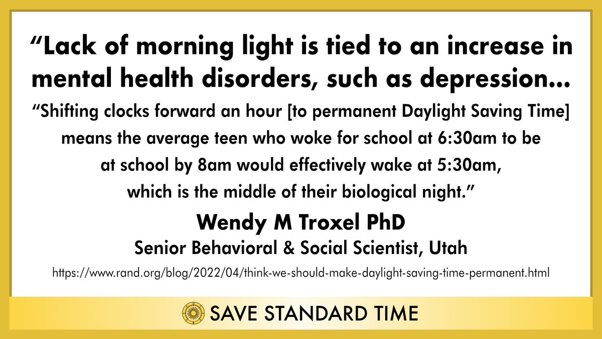 SaveStandard's tweet photo. @being4light @N81568Lynn Yup! Humans are diurnal. We need Standard Time’s morning sun to stimulate cortisol and feel alert. We need its evening darkness to stimulate melatonin and feel sleepy. DST’s misalignment aggravates seasonal depression and other health problems. https://t.co/eA1bzAILmZ