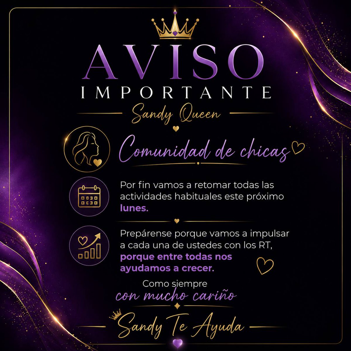 SandyTeAyuda's tweet photo. Y después de meses de ausencia por que el tío X andaba muy sensible,me alegra informales que el Lunes regresamos para seguir ayudando a tod@s a que sus cuentas se vuelvan más grandes 

Mil gracias por la espera y la compresión 

@SandyTeAyuda @QueenSexySex 

Rt⬅️ https://t.co/toSFrBUPMb