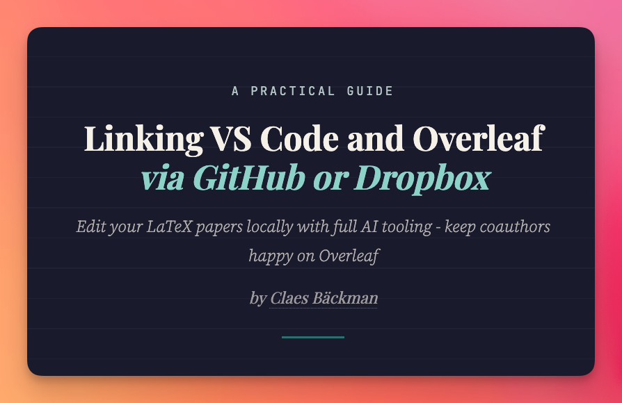 JeremyNguyenPhD's tweet photo. Claude Code and Codex integration with Overleaf!

If your academic research uses Overleaf for collaborative latex editing, Claes shares how to work with agents in the quoted post below.

Claes has been sharing some great guides for academic research with Claude Code and Codex. https://t.co/R8AbHwpSTU