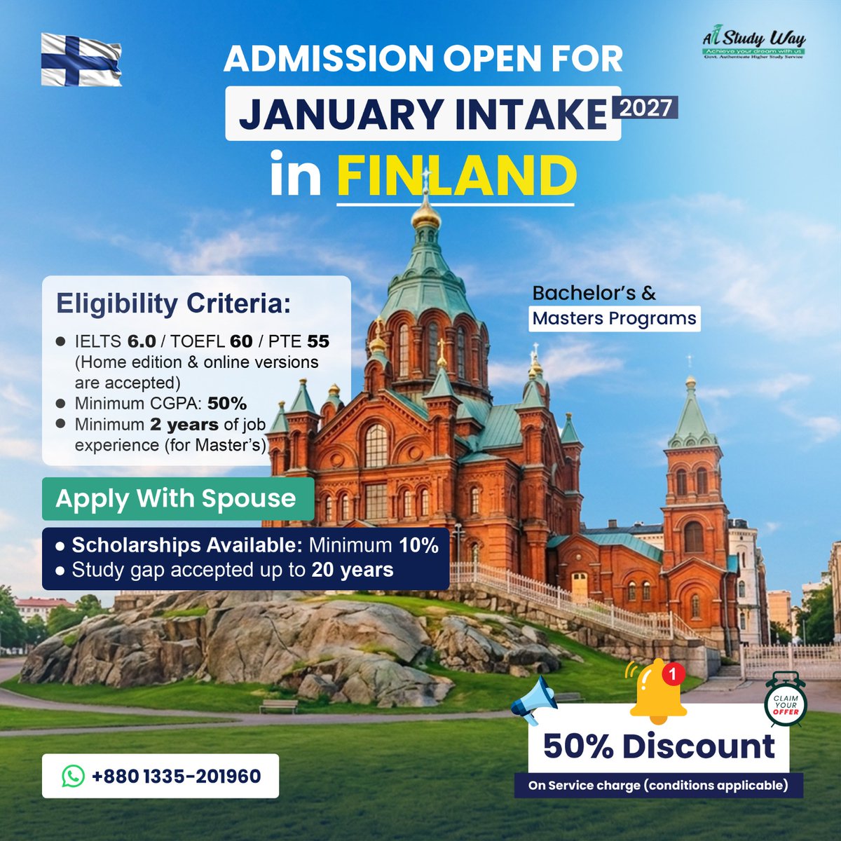 A1StudyWay's tweet photo. Study in Finland – Fly with Your Family!
Missed the September intake? No worries!

◾Applications for January 2027 Intake has Opened  

Inbox us now for FREE consultation!
+880 1335-201960
https://t.co/muwVzIn758 

#StudyInFinland #FinlandStudyVisa #StudyAbroad #StudyInEurope https://t.co/V8a5FAj464