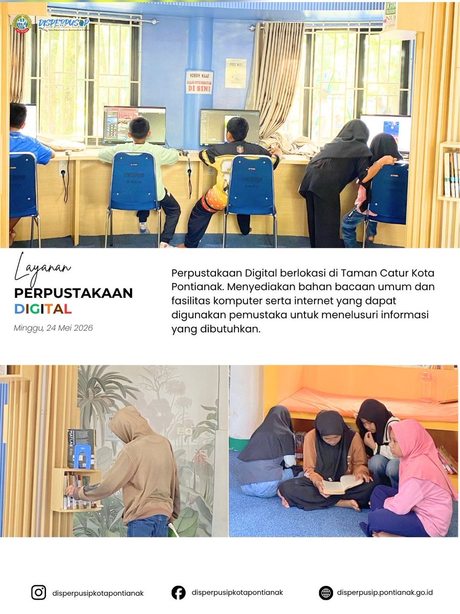 PerpustakaanPtk's tweet photo. Minggu, 24 Mei 2026 Layanan Perpustakaan Digital Taman Catur. #Perpuskota #disperpusipkotapontianak #yokbaceyok #CerdasberlitErasi #banggamelayanibangsa Tiktok: disperpusipkotapontianak YouTube: disperpusip Pontianak Twitter: perpustakaanptk https://t.co/M6opvkCnnu