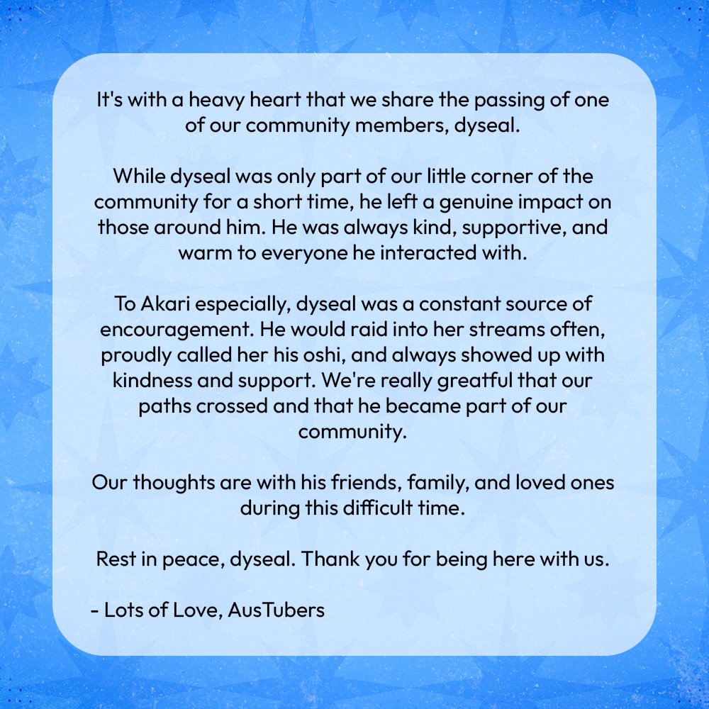AusTubers's tweet photo. Sending all our love

Rest in peace, dyseal. 🤍 https://t.co/KkMnXtzHDW