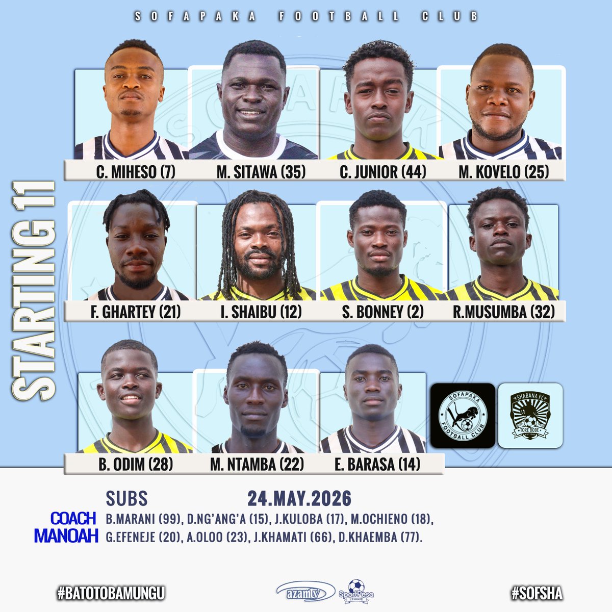 FC_Sofapaka's tweet photo. 📢 How we lineup this afternoon to face Shabana Fc Kenya. 

Leo kikosi cha ushindi ndicho hichi

Tokea game and support your team.

#BatotoBaMungu 
#a2zsportke 
#LTNNews 
#blispa 
#sofsha 
#TwendeGame https://t.co/gemdsoX0cr