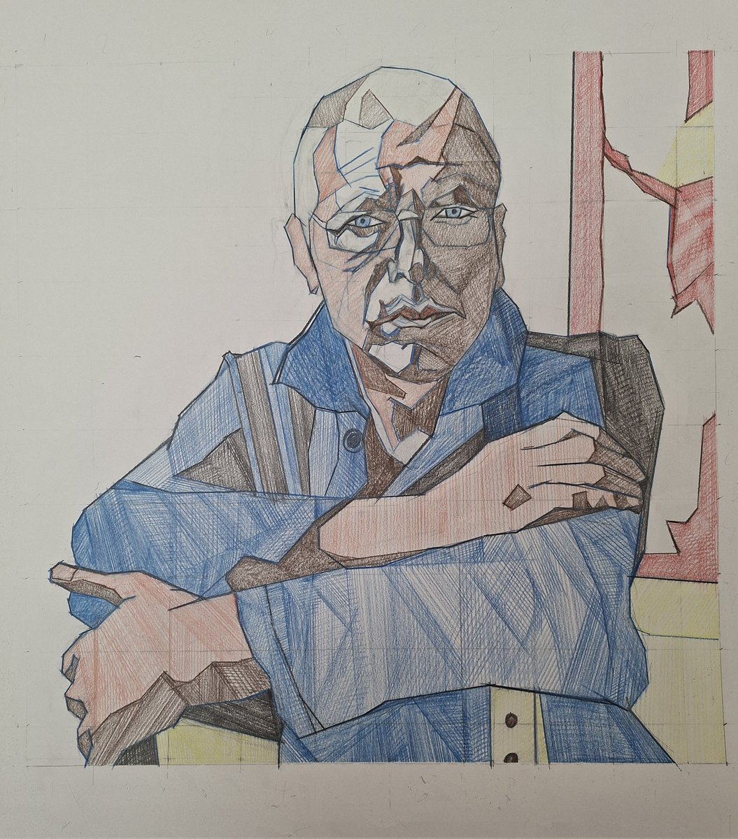 ecjazeb's tweet photo. Portrait of the artist. This is my oldest friend in adult life. We first met in 1996, so this piece pays homage to lifelong friendship some 30 years later. It measure 47.5 x 47.5 cm - Watercolour pencil on Paper https://t.co/U3Rj9yaguE