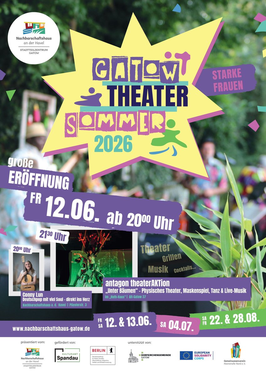 NH_Gatow's tweet photo. 🎭🌞 GATOW THEATER SOMMER 2026 startet!
🗓️ 12.06.2026
🕔 Ab 17 Uhr
🍖 Grill, Drinks, Live-Musik &amp; Open-Air Stimmung 🌿
🎸 Conny Lun
📍 Plievierstraße 3, 14089 Berlin
🕗 20:00 Uhr
🔥 Antagon TheaterAKTion „Unter Bäumen“
📍 Alt-Gatow 37, 14089 Berlin
🕤 21:30 Uhr
#Gatow #Berlin https://t.co/UiWsq8rRYZ